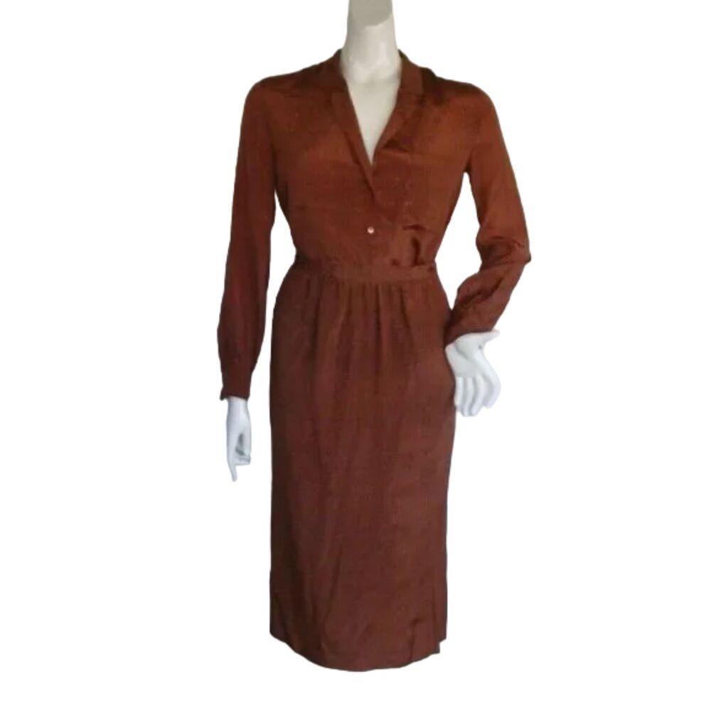 Vintage CALVIN KLEIN Skirt Set, S/XS, Lightweight Silk, 2 piece Top/Skirt, Brown